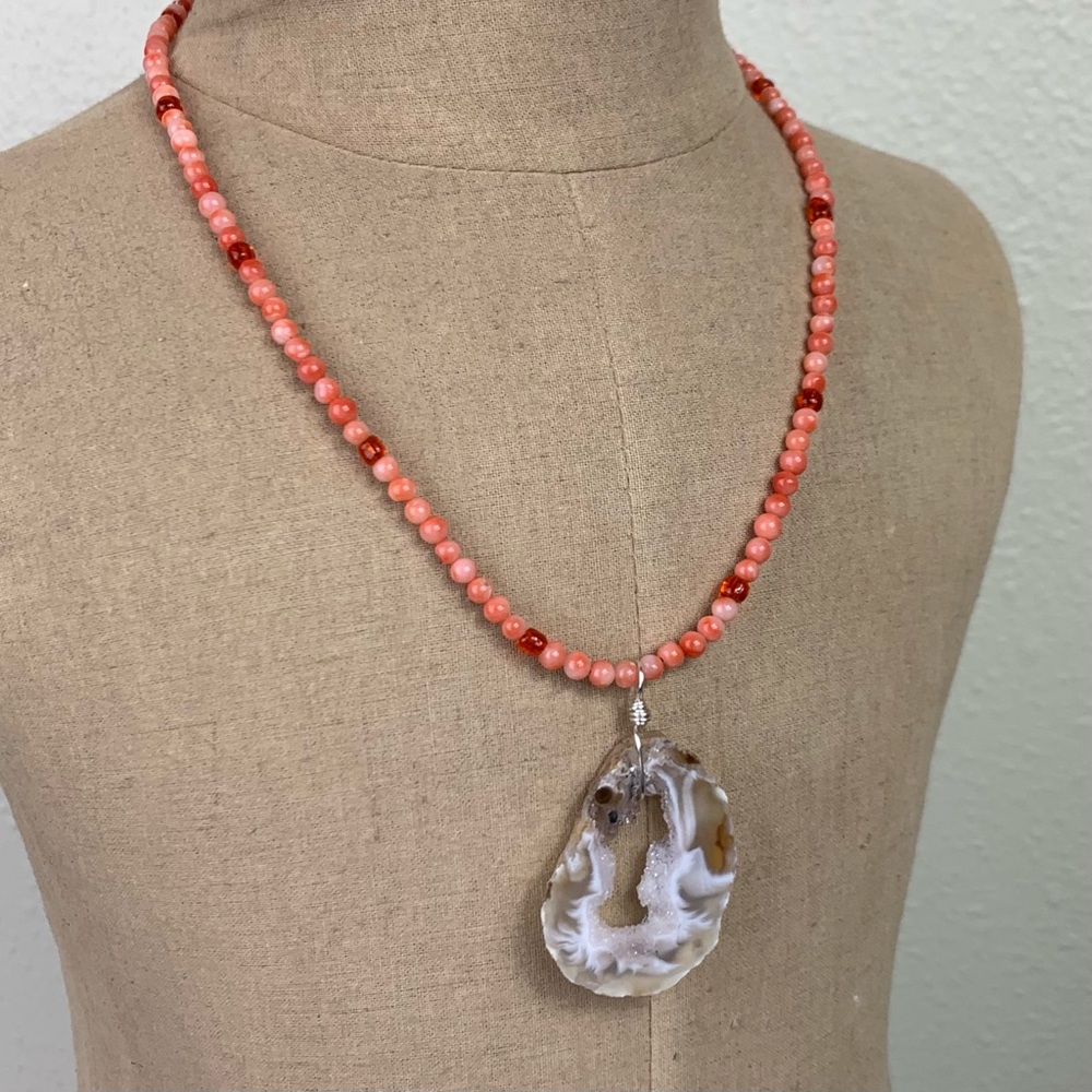 Coral Bead Necklace with Agate Druzy Pendant